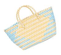iplusmile Panier à Provisions Tressé en Plastique Grand Format Panier à Provisions Poignées Cabas Femme Rayé Bleu Clair et Jaune Paquet de Rangement Portable pour Courses et Usage