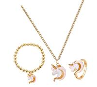 iplusmile Set de Bijoux Licorne Doré Collier Cartoon Bracelet Élastique et Bague Ensemble Fantaisie Femme Fille pour et Fêtes