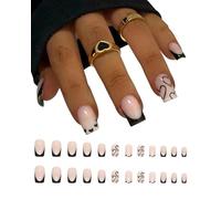 IPNSDON 1pc French Nail Stickers Short Square Fake Nails Black Acrylic Nail Stickers, White Heart Pattern Nail Glue Artificial Full Wrap High Gloss Glue
