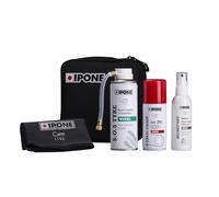 IPONE - Kit Crevaison & Entretien Moto : Bombe Anti-Crevaison, Graisse Chaîne 800 km, Nettoyant Casque + Lingette - Pochette Étanche Compacte Voyage Moto