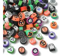 Ipotkitt Lot de 200 perles rondes en argile polymère faites à la main, 2 styles, pour Halloween, tête de mort, fantôme, araignée, citrouille, perles Heishi colorées pour la fabrication de bijoux et