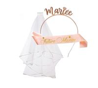 ipow Accessoire EVJF Déguisement Écharpe Future Mariée Voile Blanc Couronne Serre-tête Or Rose Kit Enterrement de Vie de Jeune Fille pour Fête Déguisement Fiançailles Mariage