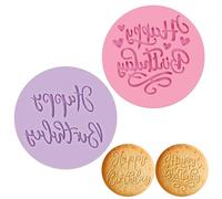 IPOW Lot de 2 Emporte-pièces en Acrylique "Happy Birthday" - Pour Joyeux Anniversaire Biscuits en Relief 3D Moules à Biscuits Ronds, Pâte à Sucre, Fondant et Cuisson (Rose et Violet)