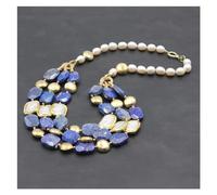IPWWUTTH Bijoux 3 rangées de Lapis Lazuli bleu naturel, pièce d'or, perle Keshi d'eau douce, collier de perles de riz, fait à la main for femmes