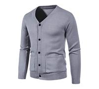 IQYU Cardigan fin pour homme - Col en V solide - Coupe ajustée - Pull chaud à manches longues - Col montant - Manteau tricoté - Veste en laine essentielle pour la transition - Haut rembourré, gris