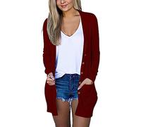 IQYU Cardigan léger pour femme avec boutons et poches - Cardigan long - Été ample - Avec poches - Décontracté - Manches longues - Automne - Cardigan de transition - Veste en tricot fin, Bordeaux, M