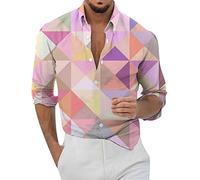 IQYU Chemises pour homme rétro décontracté avec imprimé géométrique ample à manches longues boutonnées style port chemise florale plage hawaïenne d'été pour homme chemise lignée, Rose, XXL