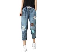 IQYU Pantacourt d'été pour femme - Jean stretch - Pantalon 7/8 pour femme - Jean d'été droit - Pantalon d'été long trois-quarts - Pantalon sarouel vintage avec jean brodé - Pantalon de loisirs stretch