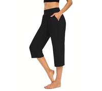 IQYU Pantalon de pyjama court en coton pour femme - Longueur 3/4 - Coupe ajustée - Poches des deux côtés - Tenue de maison - Pantalon de plage - Slip intégral pour femme, Noir , XXXL