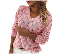 IQYU Pull en tricot pour femme - Grande taille - Style vintage - Pour femme - Manches longues - Élégant - Col en V - Sexy - Pull long - Chaud - Pull d'hiver - Pull ample, Rose, XL
