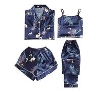 IQYU Pyjama court sexy 4 pièces pour femme - Ensemble sexy court en soie - Chemise de nuit à manches longues - Avec boutons - Crop Top - Pantalon de pyjama - Chemise de nuit - Vêtement de détente -