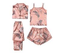 IQYU Pyjama court sexy 4 pièces pour femme - Ensemble sexy court en soie - Chemise de nuit à manches longues - Avec boutons - Crop Top - Pantalon de pyjama - Chemise de nuit - Vêtement de détente -