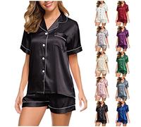 IQYU Pyjama long en satin pour femme - Avec boutonnière - Robe de nuit à manches courtes - Élégant - Confortable - Doux et confortable - Chemise de nuit, vert, XXL