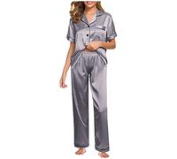 IQYU Pyjama sexy en soie pour femme - Manches courtes - Grandes tailles - Chemise de nuit d'été élégante - Pantalon de pyjama long - Lingerie, argenté, XXL
