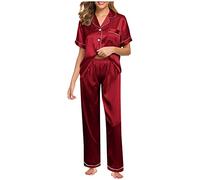 IQYU Pyjama sexy en soie pour femme - Manches courtes - Grandes tailles - Chemise de nuit d'été élégante - Pantalon de pyjama long - Lingerie, rouge, XXXXL