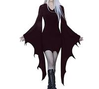 IQYU Robe gothique courte noire robe d'Halloween gothique courte robe de soirée avec manches chauve-souris Robes Steampunk Mini robe vampire Cosplay Costume de sorcière Grandes tailles Costume de