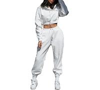 IQYU Survêtement pour femme - Avec sweat à capuche - 2 pièces - Veste de sport courte - Pantalon de jogging - Moderne et sexy - Avec capuche - Pantalon de sport, Blanc., XL