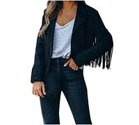 IQYU Veste d'été légère pour femme - Veste de motard élégante - En daim - Avec pompons - Vintage - Avec franges, Noir , XL