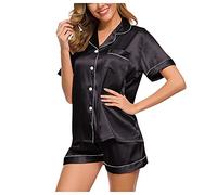IQYU Vêtements de nuit en satin pour femme - Ensemble pyjama d'été à manches courtes - Avec boutons - Vêtements de nuit - Pantalon de pyjama court - Ensemble de pyjama d'été - Vêtement de nuit -