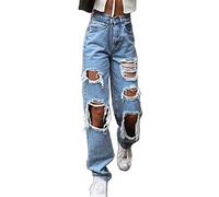 IQYU Y2k Jeans Baggy pour adolescentes et filles, taille haute, jambes larges, pantalon en denim usé, coupe droite, vintage, déchiré, pour femme, bleu, S