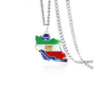 Iran Carte Collier En Acier Inoxydable Perse Iran Lion Et Couronne De Soleil/Faravahar/Derafsh Kaviani Pendentif Persan Drapeau Iranien Collier Bijoux Cadeaux Pour Les Femmes Hommes (Argent 1)
