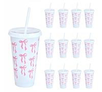 IRCKONCI Lot De 12 Gobelets Avec Couvercles Et Pailles, 700 Ml, Gobelets Réutilisables Avec Paille, Gobelets En Plastique, for Fêtes, Fêtes À La Plage Et À La Piscine(White-Pink)