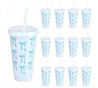 IRCKONCI Lot De 12 Gobelets Avec Couvercles Et Pailles, 700 Ml, Gobelets Réutilisables Avec Paille, Gobelets En Plastique, for Fêtes, Fêtes À La Plage Et À La Piscine(White-Blue)
