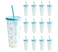 IRCKONCI Lot De 12 Gobelets Avec Couvercles Et Pailles, 700 Ml, Gobelets Réutilisables Avec Paille, Gobelets En Plastique, for Fêtes, Fêtes À La Plage Et À La Piscine(Transparent blue)