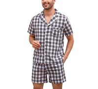 Irdcomps Pyjama Homme Coton Été Court Ensembles de Pyjamas Plaid Ete Vêtements De Nuit Carreaux Vêtements de Détente à Manches Short Pyjama Loungewear Deux Pièces Confortable Doux Noir+Blanc1 M