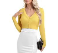 Irevial Boléro Femme Manches Longues Tricot Cardigan Respirant Gilet Femme Veste avec Boutons Tops Jaune,S