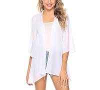 Irevial Cardigan D'été Femme Manches 3/4 Boléro élégant en Mousseline de Soie Kimono Châle Chic pour Femme Cache-maillots et sarongs blanc，XL