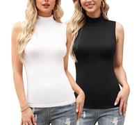 Irevial Débardeur Col Roulé Élégant Femme - T-Shirt sans Manches Basique avec Col Haut sous Veste - Top Couleur Unie Gilet Tendance - Noir+Blanc, S