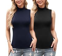 Irevial Débardeur Femme Col Roulé Élégant T-Shirt sans Manches Femme Basique avec Col Haut sous Veste Top Col Roulé sans Manches Femme Couleur Unie Gilet Tendance Noir+Marine，L
