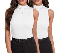 Irevial Débardeurs Femme sans Manches été Haut Basique T-Shirt cintrée Haut à col roulé Tee Shirt Haut Sexy Gilet élégant Hauts Blanc + Blanc，XXL