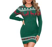 Irevial Robe Femme Hiver Noël Col Rond Robe Pull Femme Robe Tricotée Sweat Femme Christmas Renne Flocon de Neige Arbre Vert, XL