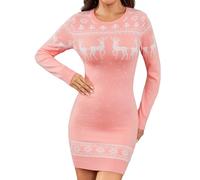 Irevial Robe Pull de Noël Femme Ajustée Élégante et Confortable avec Motifs Festifs à Manches Longues pour Hiver et Fêtes Rose，L