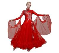 IRGVJIFR Robe de Danse de Salon pour Femmes Robe de compétition Danse Salon for Femmes, vêtements Modernes Standard nationaux, Costumes scène Valse Tango(Red,XXXL)
