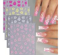 Irikdescia 8 pièces stickers ongles hibiscus, 3D autocollant fleurs ongles autocollant, blanc rose jaune magenta été néonail autocollant, ongles art accessoires de décoration d'ongles pour les femmes