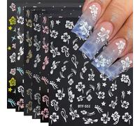Irikdescia Lot de 6 autocollants pour ongles - Motif floral - Stéréoscopique 3D - Fleurs blanches et roses dorées - Autocollants d'été pour femmes et filles