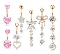 Irikdescia Lot de 7 piercings de piercing ombélical, acciaio chirurgical argento rose, design di farfalle e cuori appesi, piercing ombélicale a fiore, set de piercing ombélicale, L