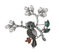 IRIRI Owl Brooch, Beautiful Design Brooch, Night Owl with Green Eyes (3"X3")(Silver)