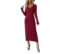 IRIRI Robe Élégante en Tricot À Manches Longues et Col en V for Femme, Coupe Ajustée et Décontractée, Idéale for L'automne/Hiver, À Superposer avec Un Manteau(Rouge,S)