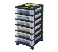 IRIS Chariot de rangement en plastique, chariot à roulettes avec dessus de rangement, noir, 6 tiroirs