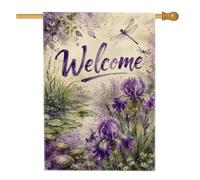 Iris Drapeau de maison, aquarelle naturelle, libellule, coussin de printemps en toile de jute violette double face pour porche, extérieur, cour, pelouse, patio, porte, entrée, 71 x 101,6 cm