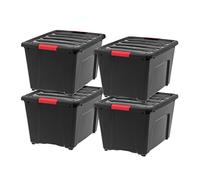 IRIS Lot de 4 bacs de rangement en plastique avec couvercle et boucles de verrouillage sécurisées, noir avec boucle rouge