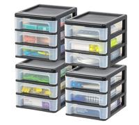 IRIS Lot de 4 petits organiseurs de bureau à 3 tiroirs, empilables, pour bureau, école, papeterie, maquillage, salle de bain, utilitaire, fournitures médicales, rangement polyvalent, noir