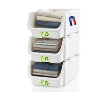 Iris Ohyama, Bac à Bec, Bac de Rangement avec Ouverture Frontale, Set de 3, Empilable, Plastique, Blanc, Rangement Vêtements, Salle de Bain, Buanderie, Organisateur de Penderies, SBIN-S