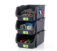 Iris Ohyama, Bac à Bec, Bac de Rangement avec Ouverture Frontale, Set de 3, Empilable, Plastique, Noir, SBIN-S