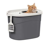 Iris Ohyama, Bac à litière fermé avec entrée par le haut et couvercle à trous absence de dispersion de litière et d'odeur, pelle incluse pour chat - Top Entry Cat Litter Box TECL-20, Gris