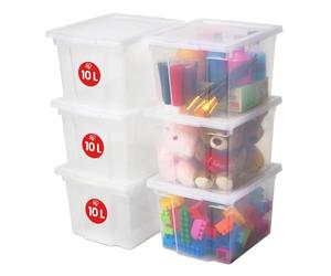 Iris Ohyama, Boite de Rangement avec Couvercle, 10L, Lot de 6, en Plastique Transparent, Fermeture Facile, Empilables, pour Dressing, Étagères, Garage, Organisation, Vêtements, USB-S